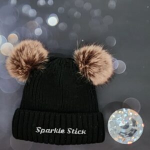 Black knit beanie with pom-poms.